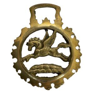 Vintage Brass Horse Harness Medallion Pegasus Winged Horse Decor Collectible